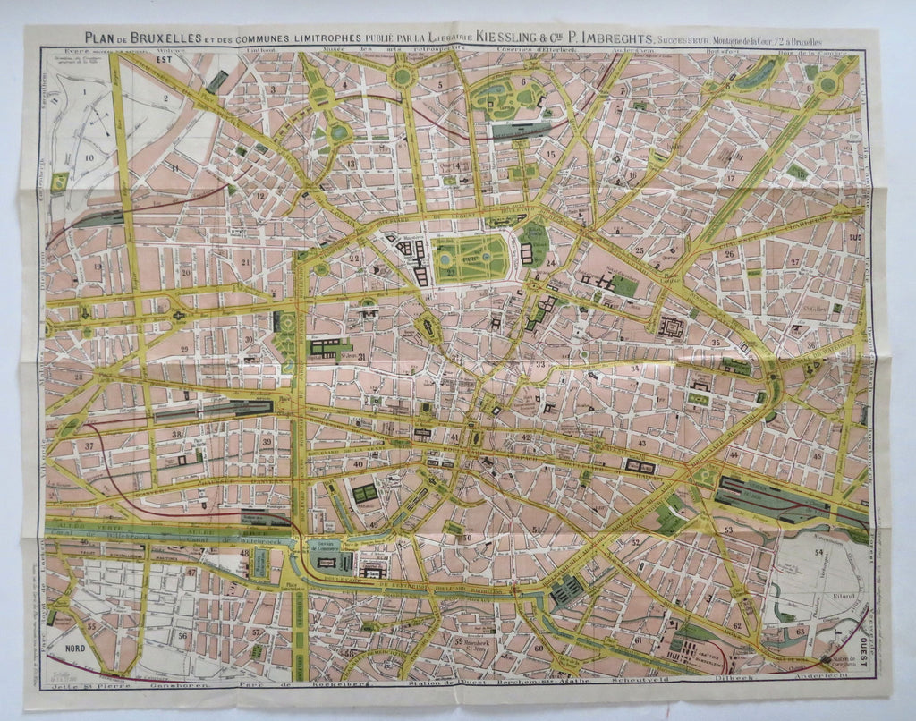 Brussels Belgium Sightseeing Map 1894 Kiessling rare tourist city plan map