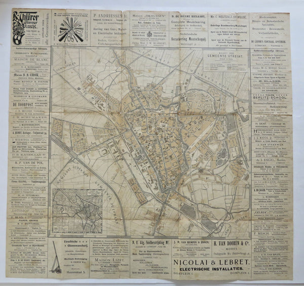 Utrecht Netherlands Tourist City Plan w/ Advertising c. 1900 scarce large map