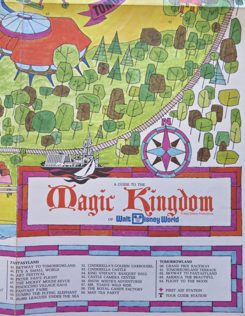 Disney World Magic Kingdom c. 1972-4 cartoon pictorial park map Tourist Souvenir