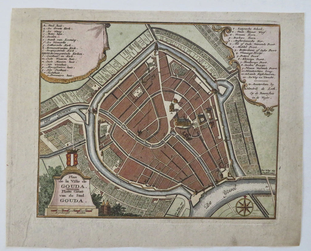 Gouda Holland Netherlands Gardens c. 1740 de Leth city plan map coat of arms