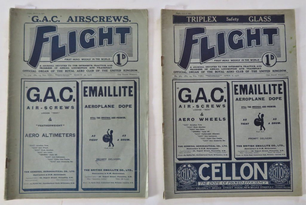 Flight Magazine U.K. Aero Club WWI Era Aviation 1916 rare x 2 complete issues