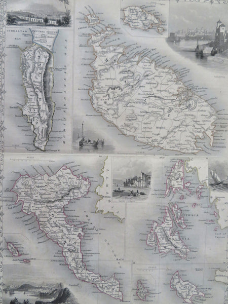 Malta Corfu British Holdings Mediterranean Islands c. 1855 Tallis decorative map