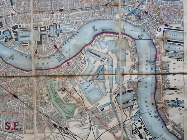 London England Tourist linen city plan 1892 Collins large fldg. pocket map