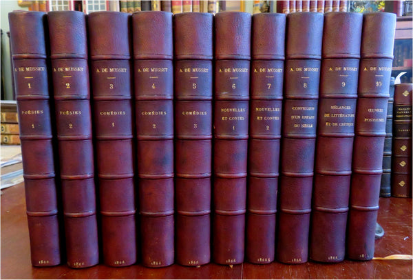 Alfred de Musset Collected Works 1866 lovely 10 volume leather set w/ engravings