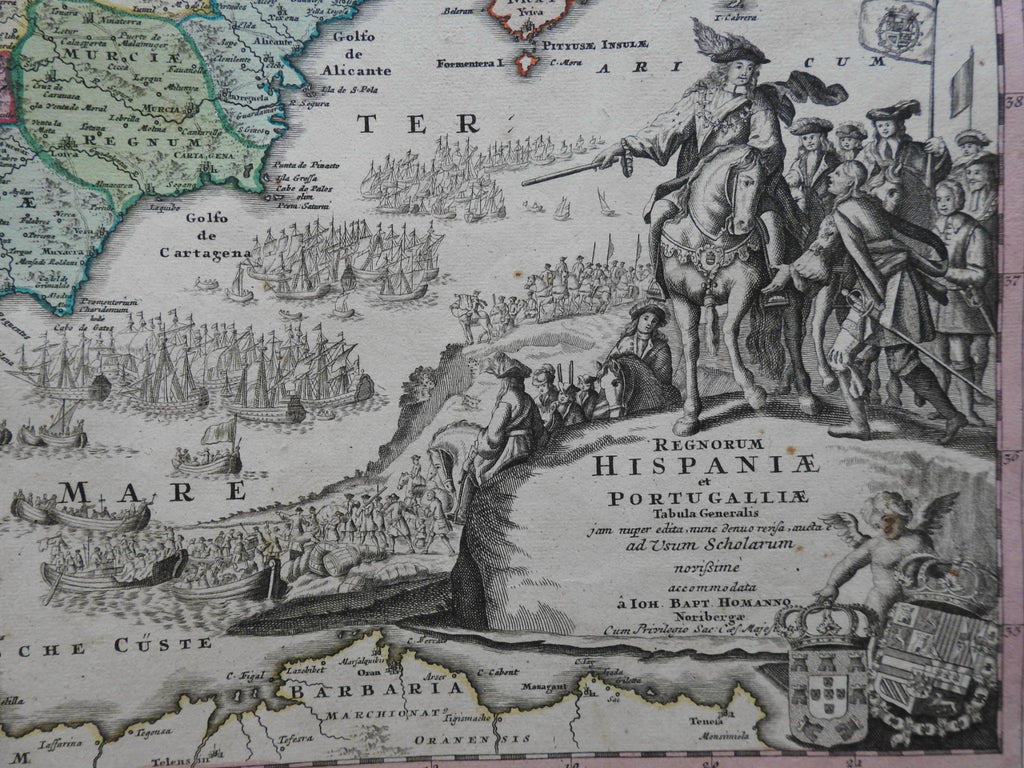 Spain & Portugal c.1750 Homann lovely decorative folio map w/ war cartouche