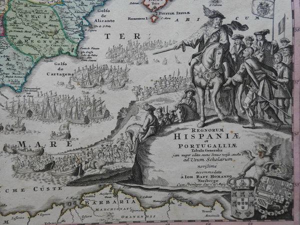 Spain & Portugal c.1750 Homann lovely decorative folio map w/ war cartouche