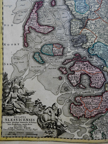 Schleswig Dutchy Germany Denmark Baltic North Sea c.1750 Homann decorative map