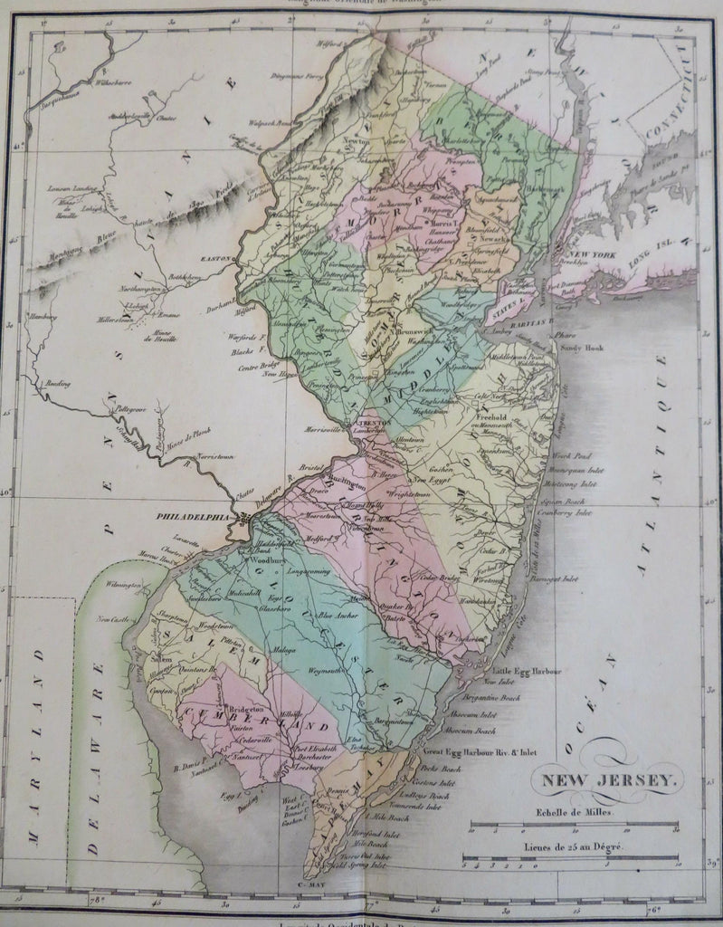 New Jersey state map 1825 Carey & Lea Buchon historical religion commerce info