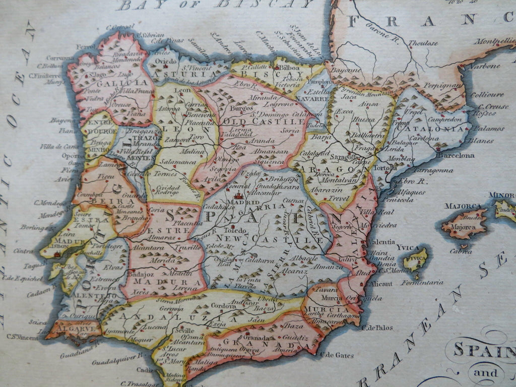 Spain & Portugal 1797 Vallance engraved Philadelphia scarce hand colored map