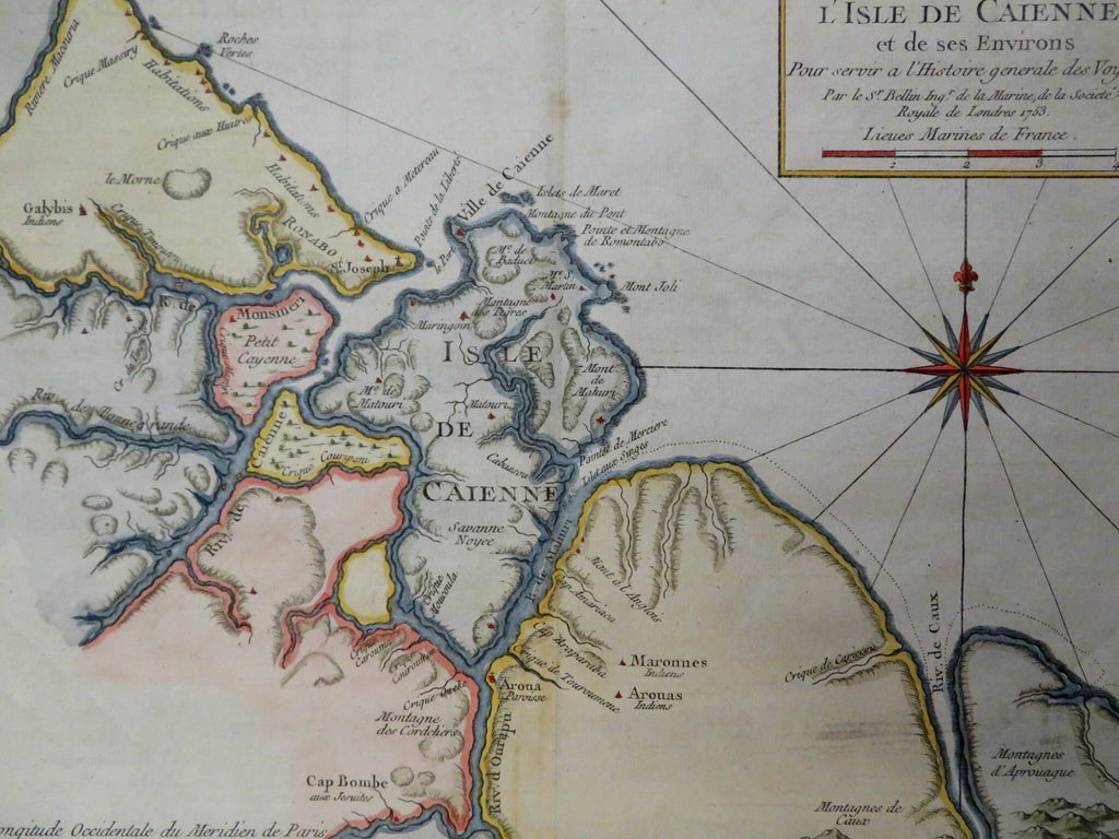 French Guyana South America Isle de Cayenne 1753 Bellin hand color engraved map