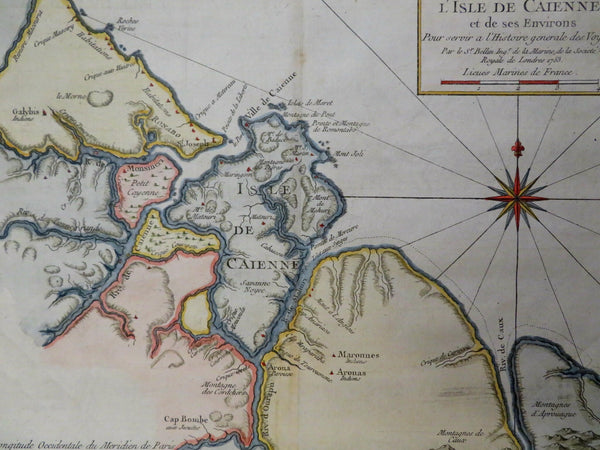 French Guyana South America Isle de Cayenne 1753 Bellin hand color engraved map