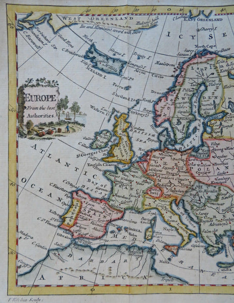 Europe continent c.1770 Kitchin decorative cartouche charming hand colored map