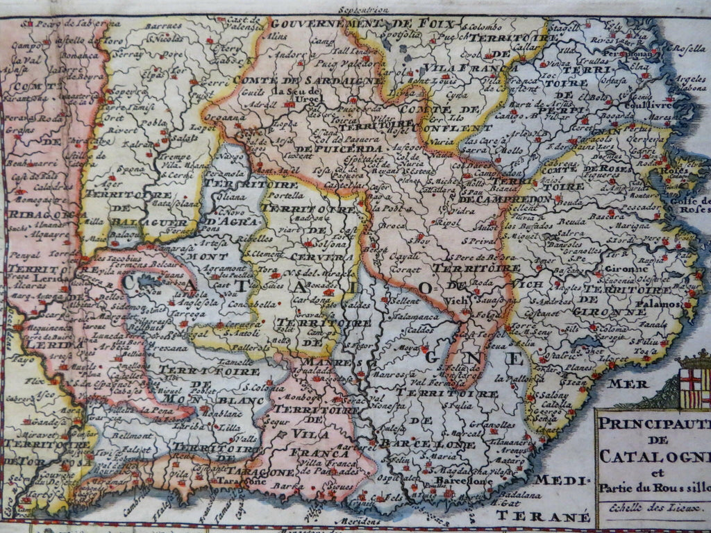 Catalonia Spain 1708 de la Feuille rare decorative map w/ 14 small city plans