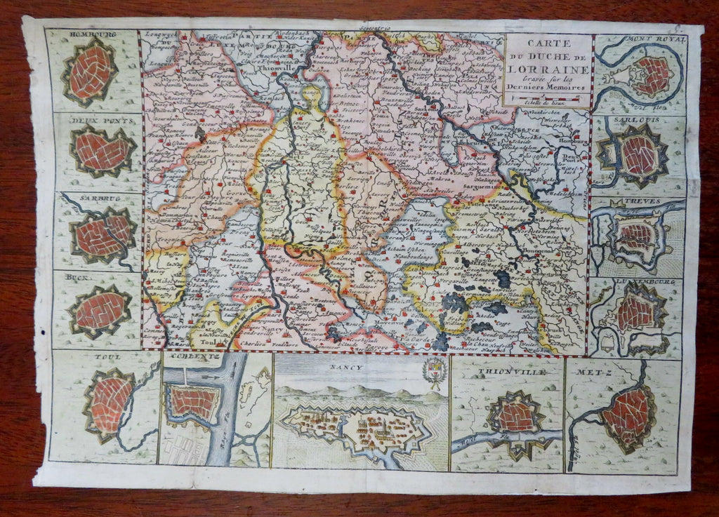 France Germany Luxembourg Duchy of Lorraine 1708 de la Feuille map 13 city plans