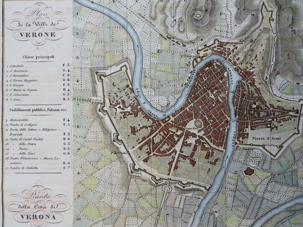 Verona Italy Italia 1842 Allodi scarce City Plan detailed hand color map