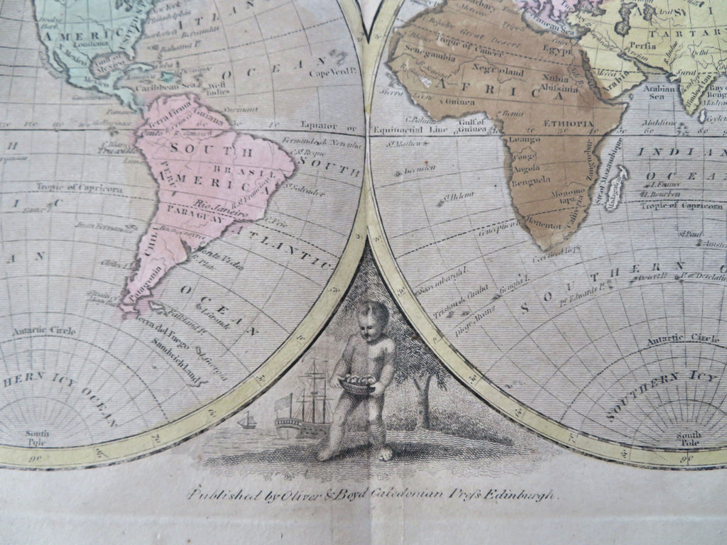 World Map New Holland Negroland 1801 Oliver & Boyd rare double hemispheres map