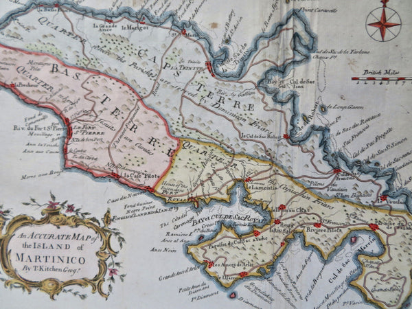 Martinique Caribbean Island Fort-de-France 1762 T. Kitchin scarce hand color map