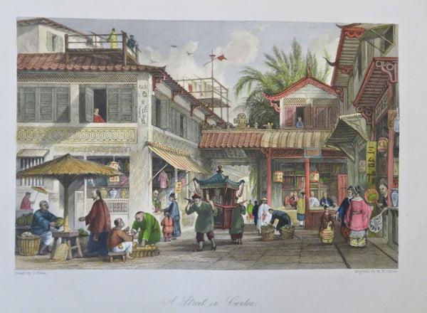 Canton China Street Scene Merchants Fruit Stall Fans c. 1850 engraved print