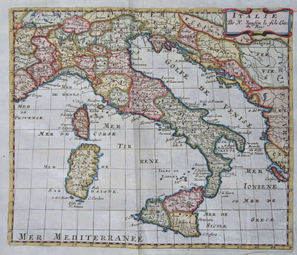 Italy Rome Florence Genoa Venice Milan Turin Naples c. 1700 Sanson engraved map