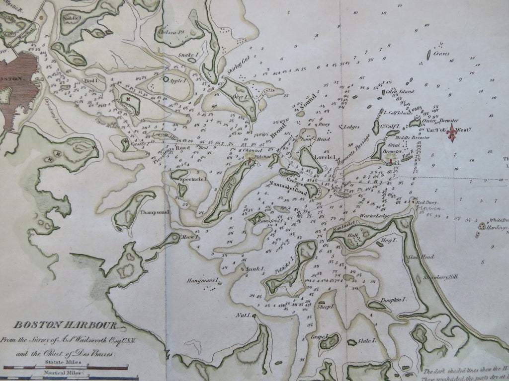 Boston Harbor Mass. Coastal Survey 1850 Blunt nautical map hand color