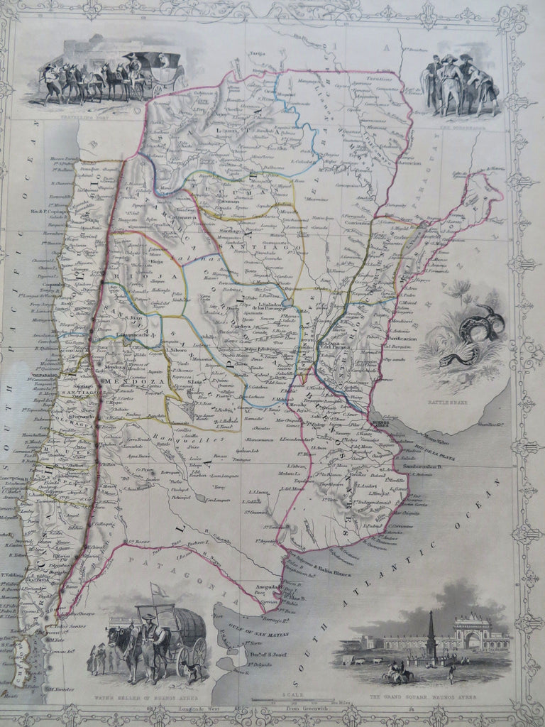 South America Chili La Plata c. 1850 Tallis Rapkin decorative hand colored map