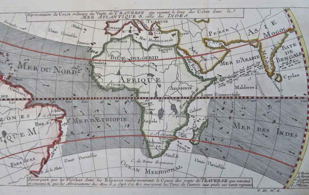 Atlantic & Indian Oceans Africa Brazil Ocean Currents 1753 Cosmant engraved map