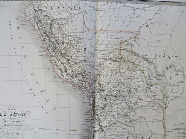 Upper & Lower Peru South America Lima La Paz Andes Mountains c. 1829 Lapie map