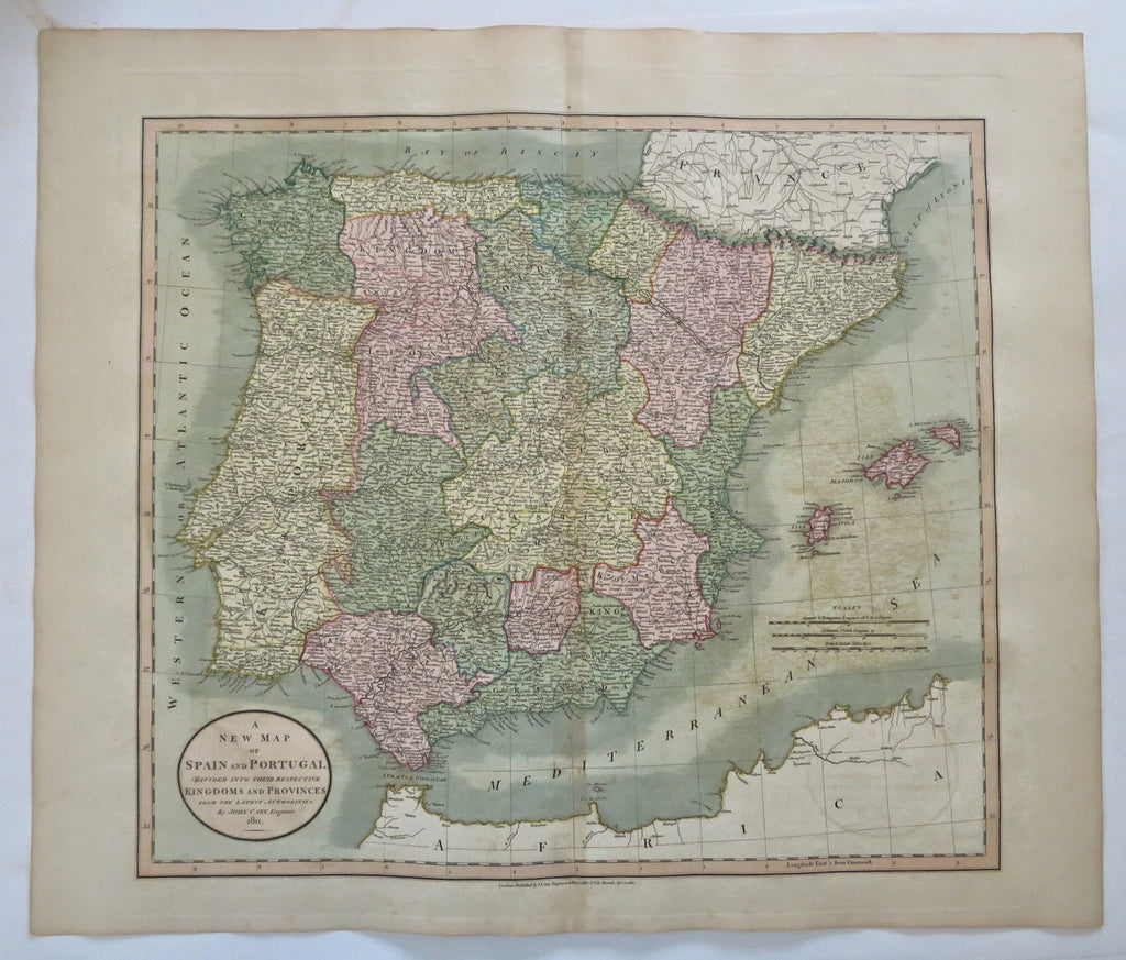 Spain & Portugal Iberia Madrid Lisbon Pamplona Cadiz 1811 John Cary large map