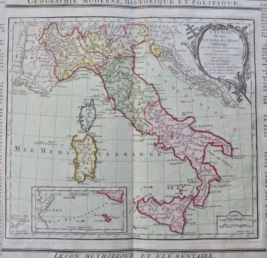 Italy Piedmont Papal States Tuscany Naples 1790 Brion Desnos engraved map