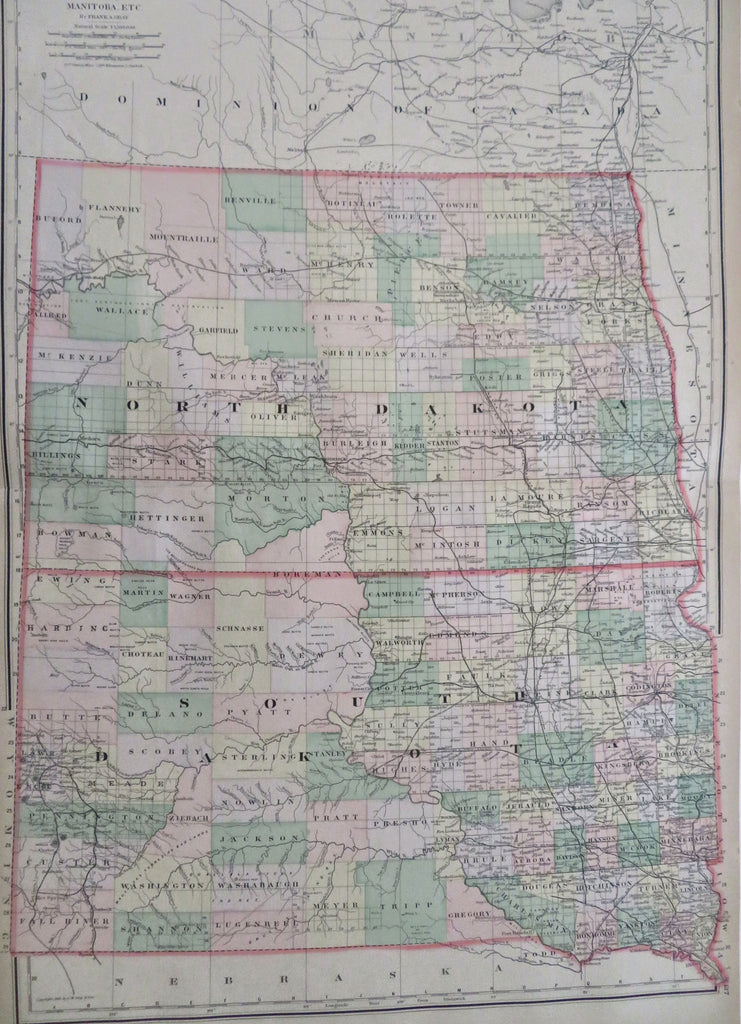 North & South Dakota Fargo Rapid City Bismarck Badlands c. 1890 old color map