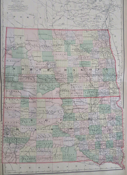 North & South Dakota Fargo Rapid City Bismarck Badlands c. 1890 old color map