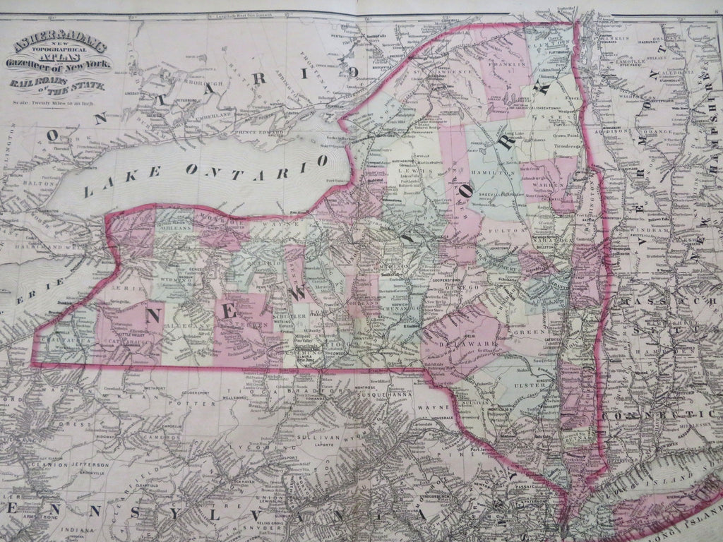 New York State Albany Troy Rochester Manhattan c. 1872 Asher & Adams state map