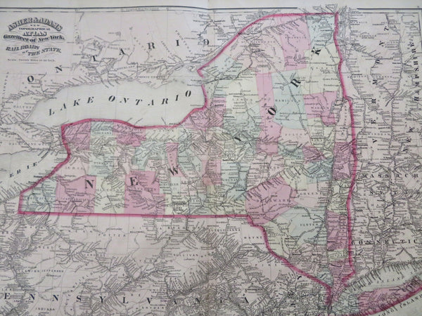 New York State Albany Troy Rochester Manhattan c. 1872 Asher & Adams state map