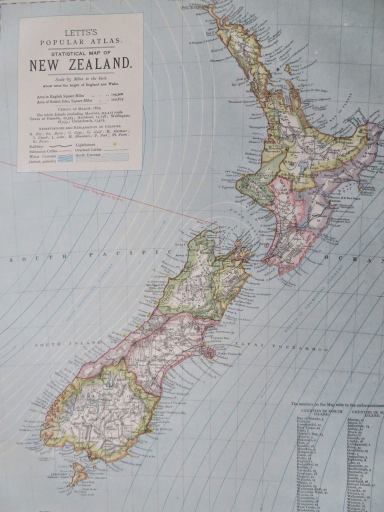 New Zealand Ocean Currents Submarine Telegraph Lines 1883 Lett's map