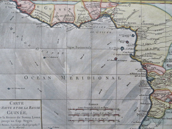 Gulf of Guinea West Africa Ivory Coast Dahomey Benin c. 1780 Bonne engraved map