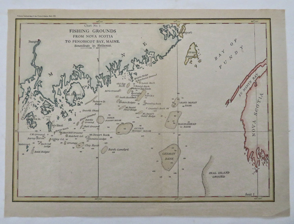 Penobscot Bay Maine Mt. Desert Island Nova Scotia Fishing Grounds 1884 map