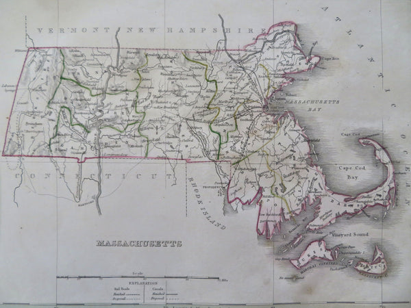 Massachusetts 1835 Bradford map Boston Cape Cod Nantucket Railroads Canals