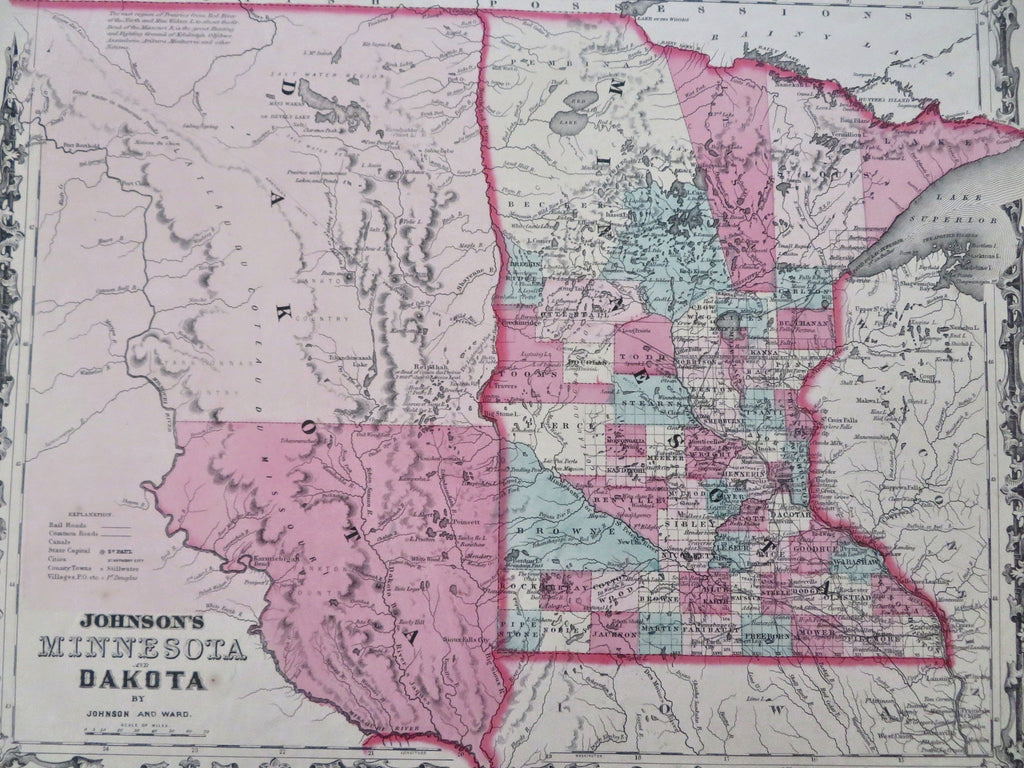 Minnesota & The Dakotas Lake Superior 1862 Johnson & Ward map scarce Issue