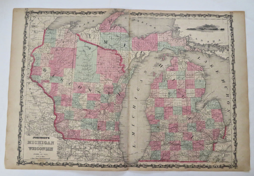 Wisconsin & Michigan Lake Michigan 1862 Johnson & Ward map Civil War-era Issue