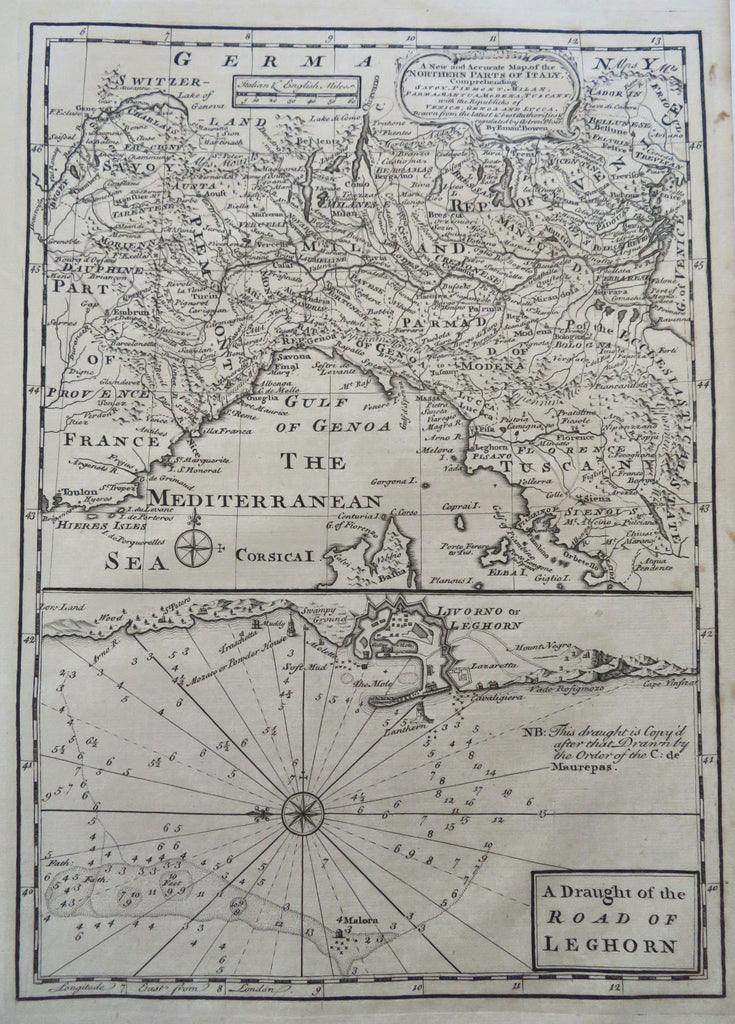 Northern Italy Piedmont Savoy Parma Modena Tuscany Livorno 1760 Bowen map