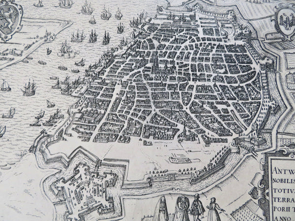 Antwerp Belgium City Plan Star Fort Sailing Ships c. 1600 Guicciardini map