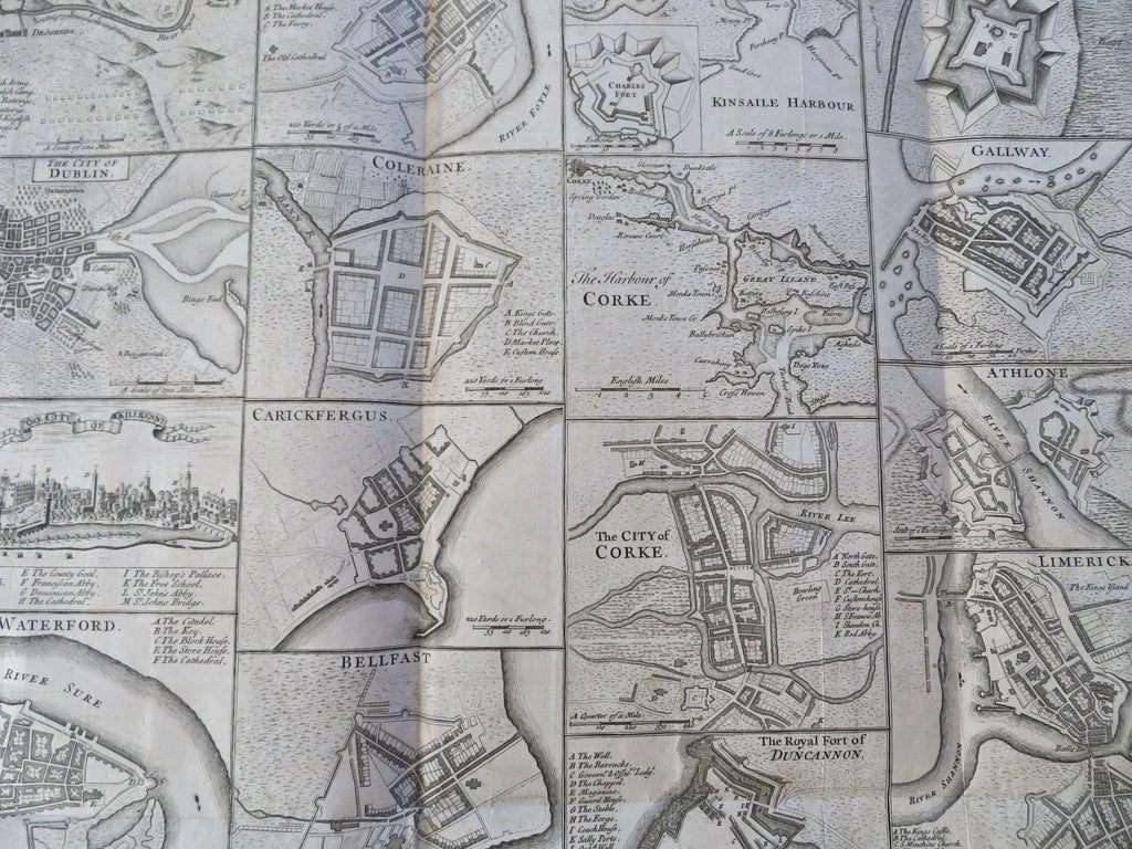 Ireland Irish Towns Forts Harbors Dublin Cork Galway c.1745 Seale engraved print