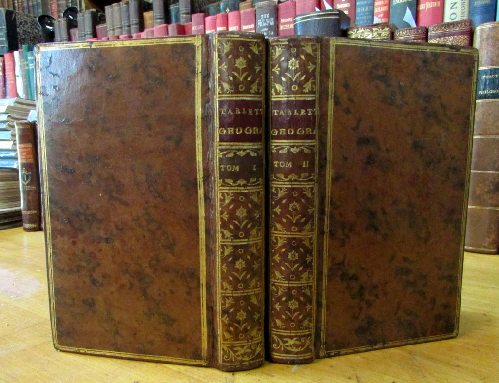 World Geography 1755 rare 2 vol pocket set Geographical dictionary leather books