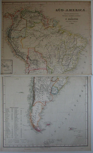 South America New Grenada Brazil Patagonia 1874 Flemming old antique map 2 sheet