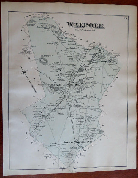 Walpole Township Norfolk County Massachusetts 1871 very detailed map w/ owners