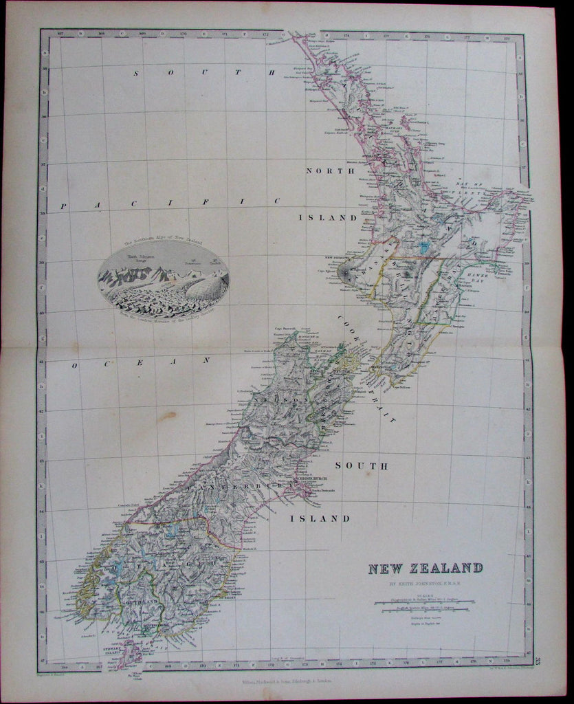 New Zealand North South Islands Alps view Wellington 1868 Johnston pictorial map