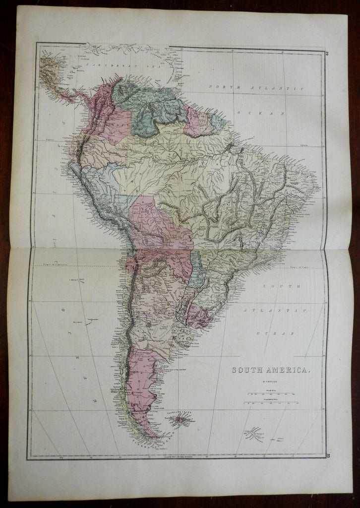 South America continent 1875 scarce large Ettling hand colored map