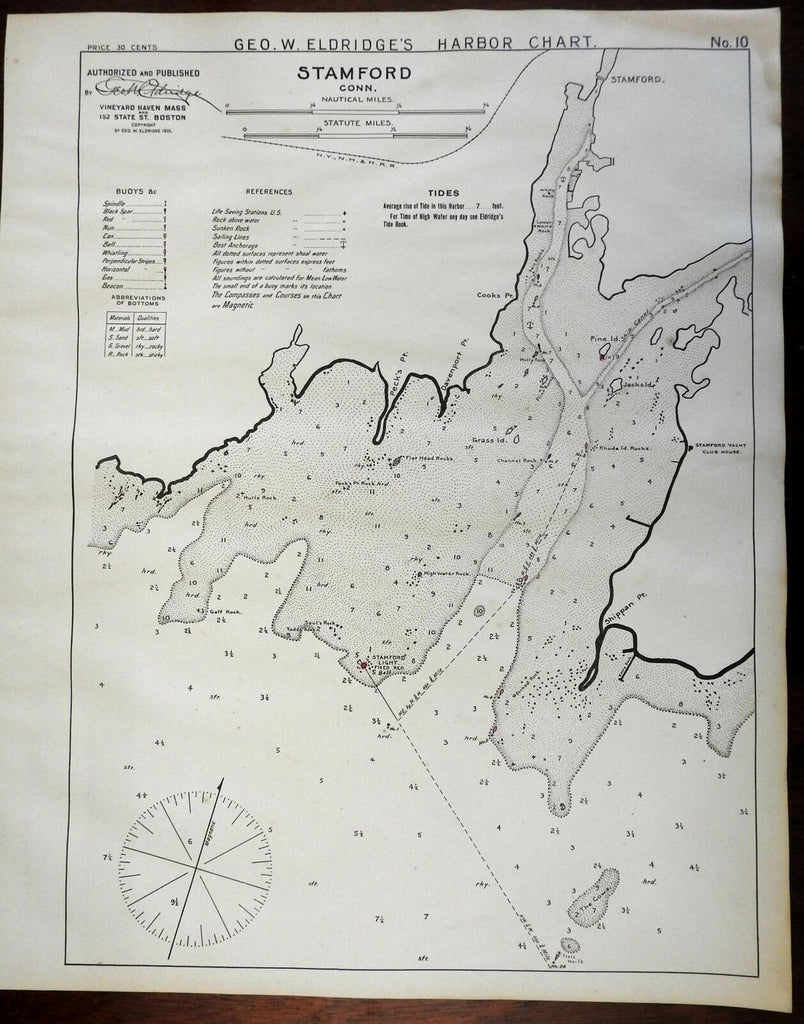 Stamford Connecticut Grass Island 1901 Eldridge detailed coastal nautical survey