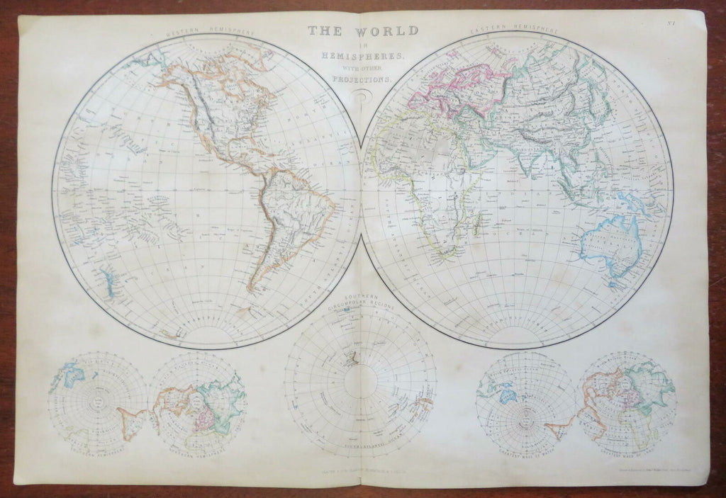 World Map in Double Hemispheres poles 1860 Weller large color map