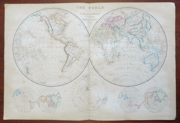 World Map in Double Hemispheres poles 1860 Weller large color map